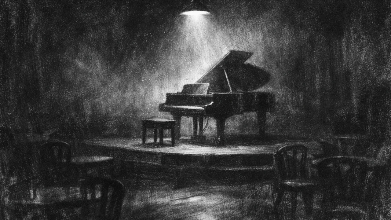 Atmosferski interijer u charcoal film noir stilu, prazan glazbeni prostor s klavirom, duboke sjene i nostalgična crno-bijela atmosfera.