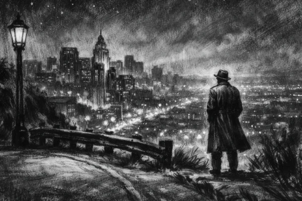 Filmski poster u charcoal film noir stilu, crno-bijeli prizor s dubokim sjenama i melankoličnom atmosferom grada, naglasak na emociji čežnje i snova.