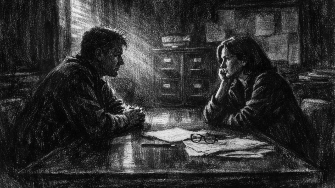 Dramatična scena razgovora u charcoal film noir stilu, crno-bijela s visokim kontrastom, naglašava emocije, tišinu i napetost kroz svjetlo i sjenu.