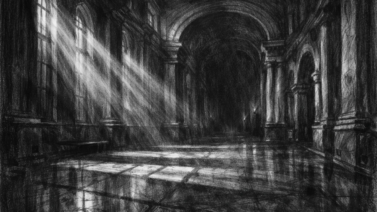 Atmosferski interijer u charcoal film noir stilu, crno-bijeli prikaz prazne monumentalne dvorane s dubokim sjenama i snažnim svjetlosnim zrakama, odiše ozbiljnošću i tišinom.