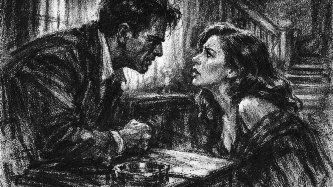 Dramska scena u charcoal film noir stilu
