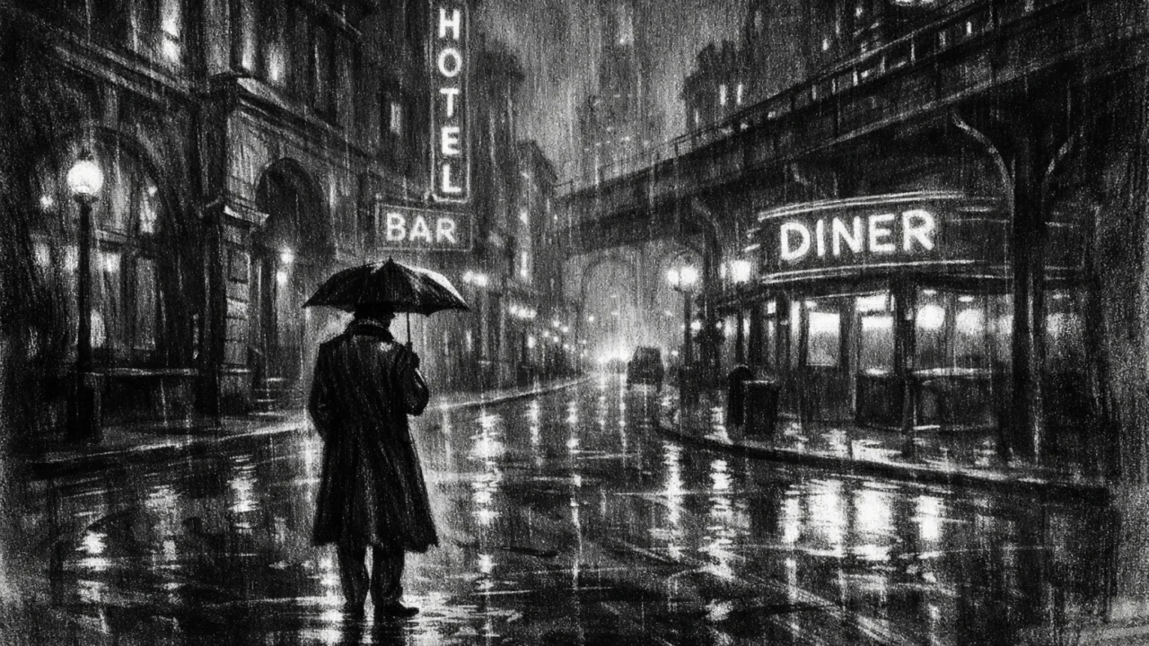 Atmosferska urbana ilustracija u charcoal film noir stilu