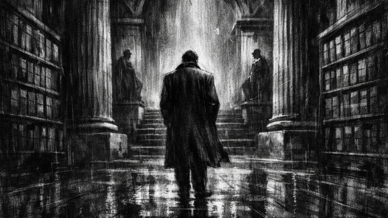 Hero prizor u charcoal film noir stilu, crno-bijeli kontrast s dubokim sjenama i dramatičnim svjetlom, prikazuje usamljenu figuru u monumentalnom urbanom prostoru punom ozbiljne atmosfere.