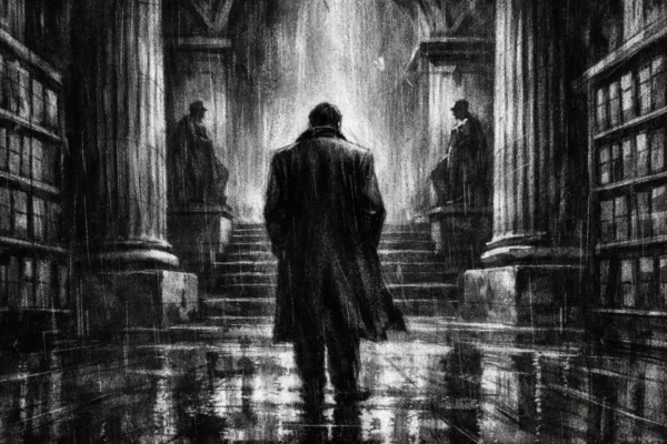 Hero prizor u charcoal film noir stilu, crno-bijeli kontrast s dubokim sjenama i dramatičnim svjetlom, prikazuje usamljenu figuru u monumentalnom urbanom prostoru punom ozbiljne atmosfere.