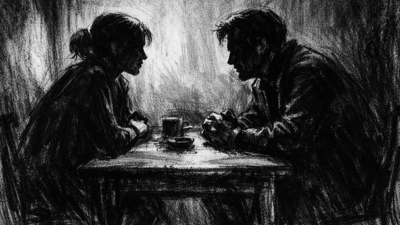 Intimna scena razgovora dvoje ljudi u zatvorenom prostoru, charcoal film noir stil, crno-bijelo, izražene sjene i emotivna napetost.