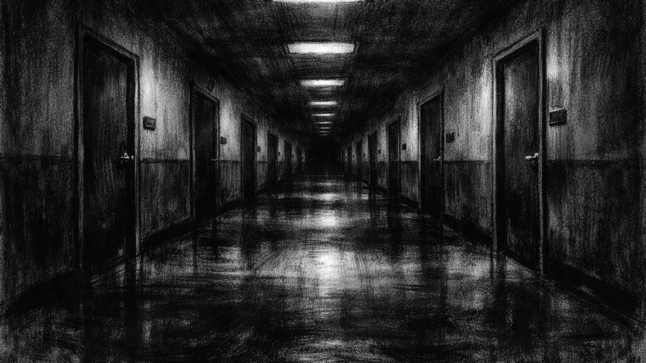 Prazan hodnik s vratima u nizu, charcoal film noir stil, crno-bijelo, duboke sjene i osjećaj izolacije.