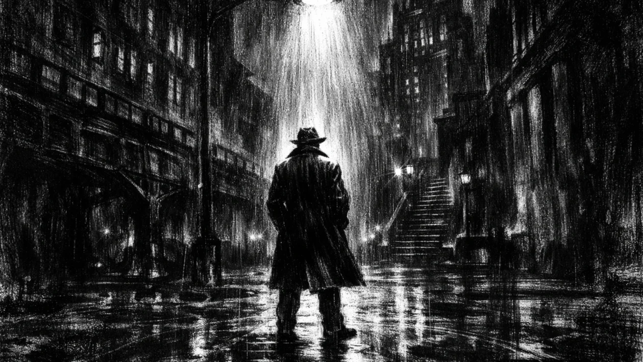 Hero poster s usamljenom figurom u noćnom gradu, charcoal film noir stil, crno-bijelo, duboke sjene i snažan kontrast, tmurna atmosfera.