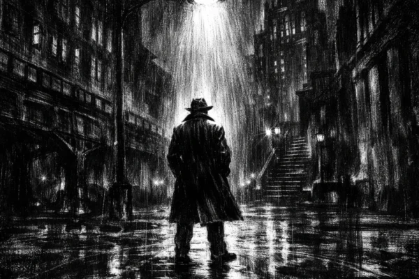 Hero poster s usamljenom figurom u noćnom gradu, charcoal film noir stil, crno-bijelo, duboke sjene i snažan kontrast, tmurna atmosfera.