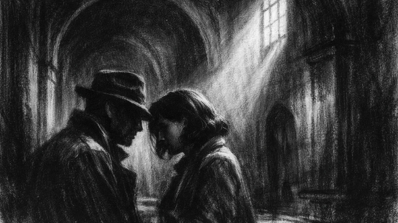 Dvije osobe u tihom razgovoru u sjenovitom hodniku, prikazano u charcoal film noir stilu s jakim kontrastom i introspektivnim ugođajem.