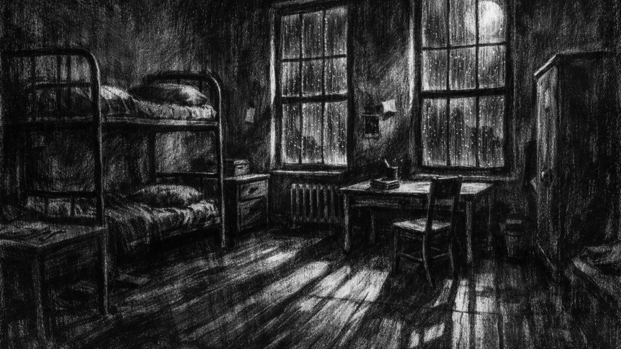 Prazna noćna soba s mjesečinom i dugim sjenama, atmosferična scena u charcoal film noir stilu koja simbolizira samoću i nasljeđe.