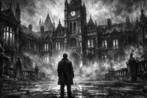 Kinematografski poster s osamljenom figurom ispred stare zgrade, izrađen u charcoal film noir stilu, crno-bijelo s dubokim sjenama i melankoličnom atmosferom.