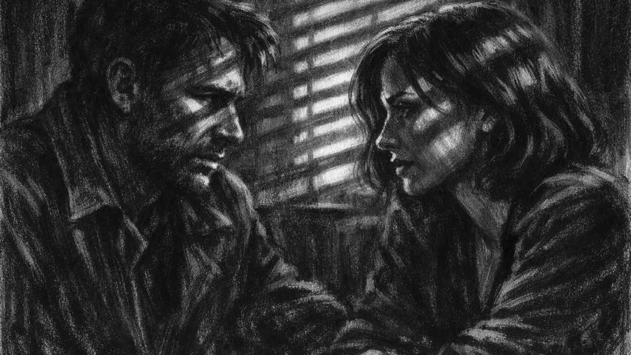 Dvoje ljudi u tihom razgovoru pod jakim kontrastnim svjetlom, intimna i sumnjičava atmosfera, charcoal film noir stil.