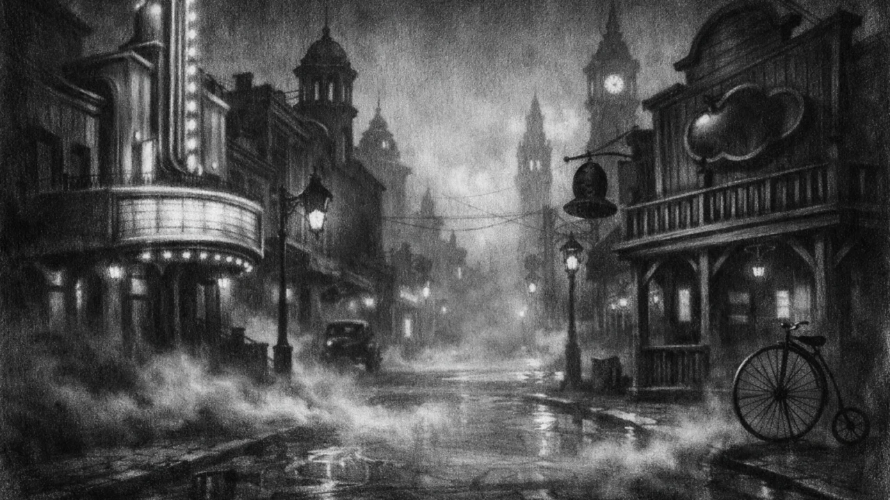 Prazna noćna ulica s pomiješanim povijesnim stilovima i maglom, simbolična i mračna scena, charcoal film noir stil.