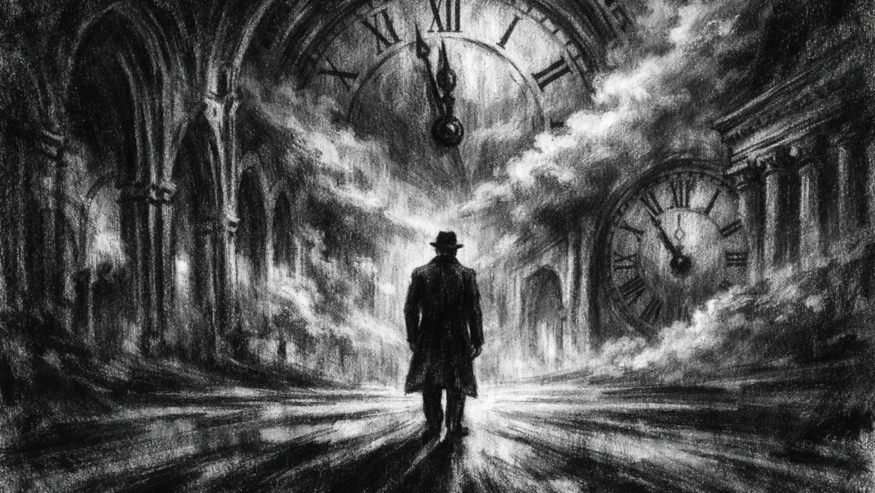 Filmski poster s usamljenom figurom u bezvremenskoj dvorani, snažne sjene i emocionalna atmosfera, charcoal film noir stil.
