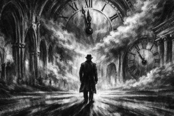 Filmski poster s usamljenom figurom u bezvremenskoj dvorani, snažne sjene i emocionalna atmosfera, charcoal film noir stil.