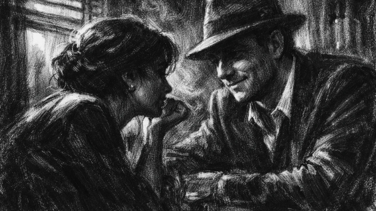 Dvoje ljudi u tihom razgovoru u mračnoj prostoriji, prikazano u charcoal film noir stilu s naglašenim sjenama i emotivnom napetošću.