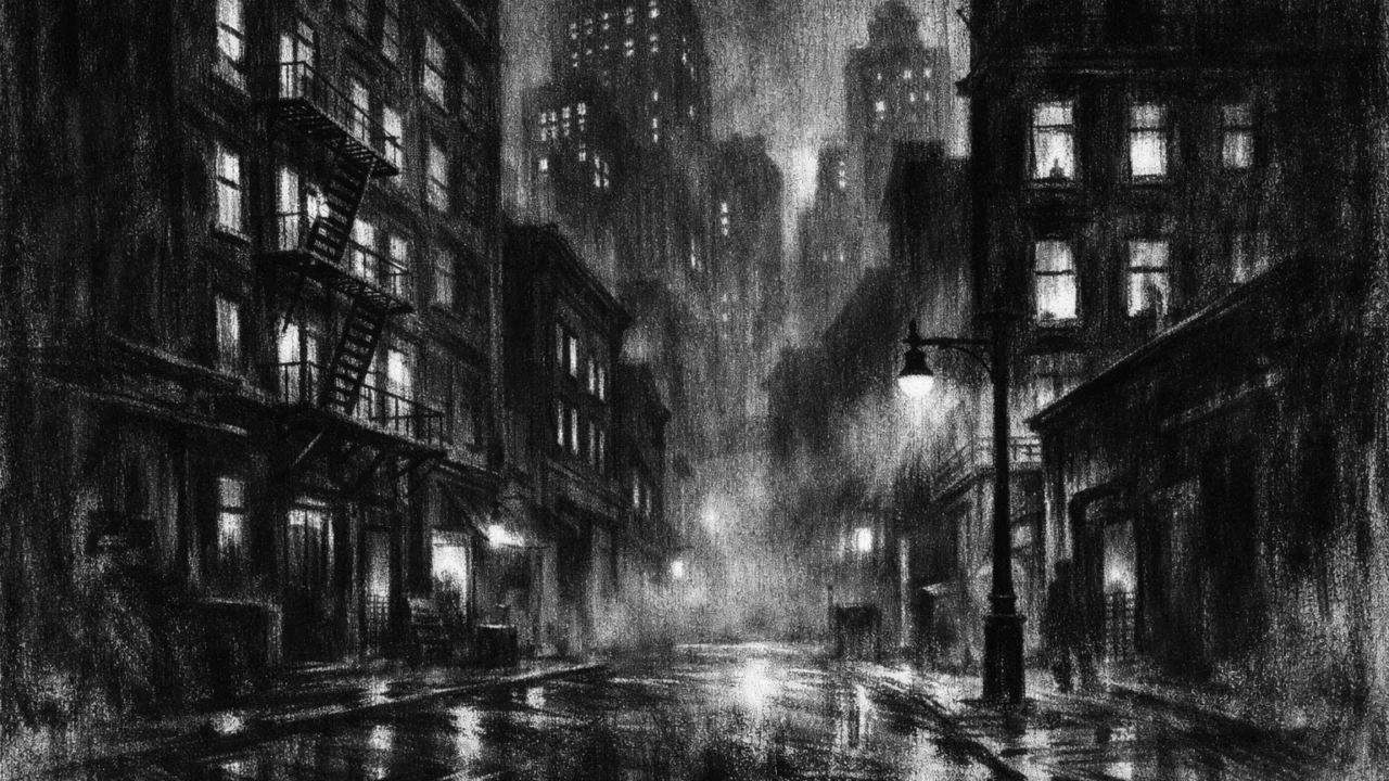 Noćni gradski pejzaž s visokim zgradama i maglom, prikazan u charcoal film noir stilu s jakim kontrastom i melankoličnom atmosferom.