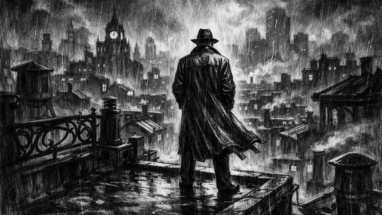 Filmski poster s usamljenom figurom na krovu grada, izrađen u charcoal film noir stilu, crno-bijeli kontrast s dubokim sjenama i mračnom atmosferom.