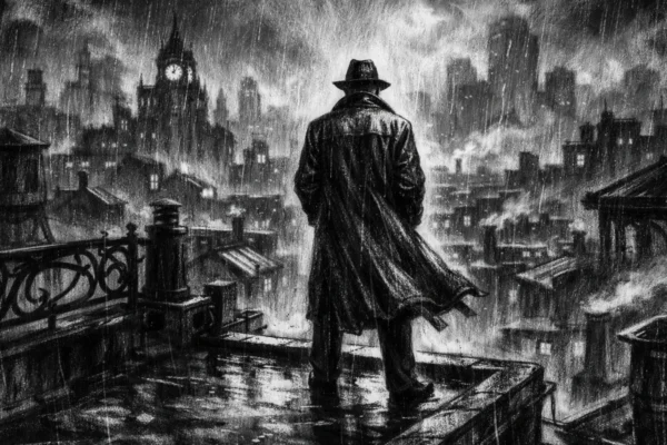 Filmski poster s usamljenom figurom na krovu grada, izrađen u charcoal film noir stilu, crno-bijeli kontrast s dubokim sjenama i mračnom atmosferom.