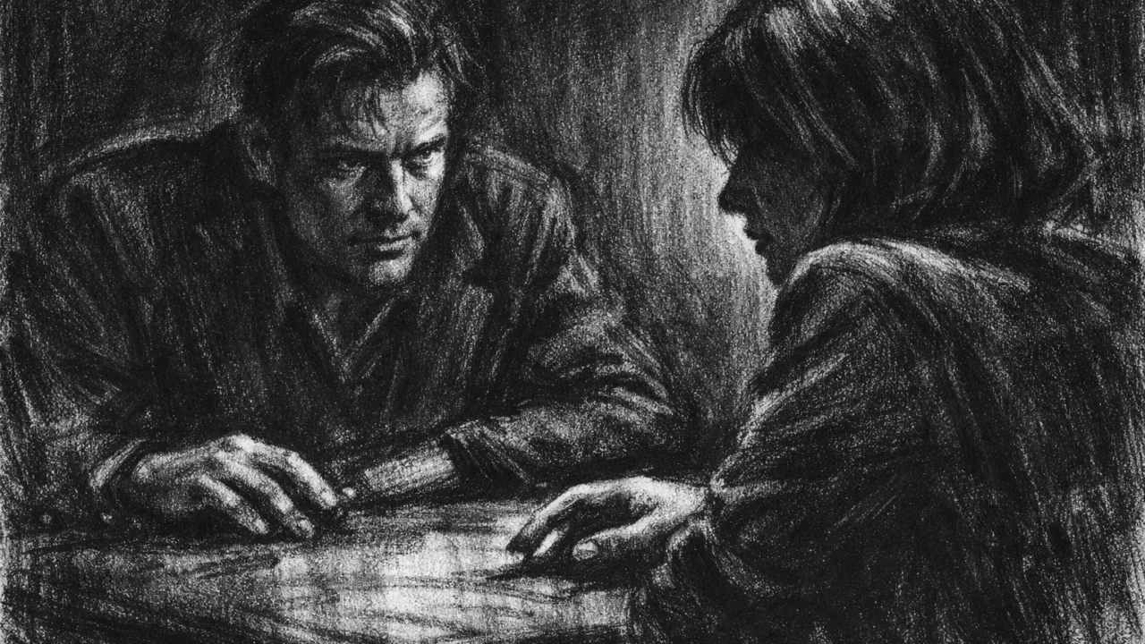 Dvoje ljudi u napetom razgovoru za stolom, snažni kontrasti svjetla i sjene, charcoal film noir stil.