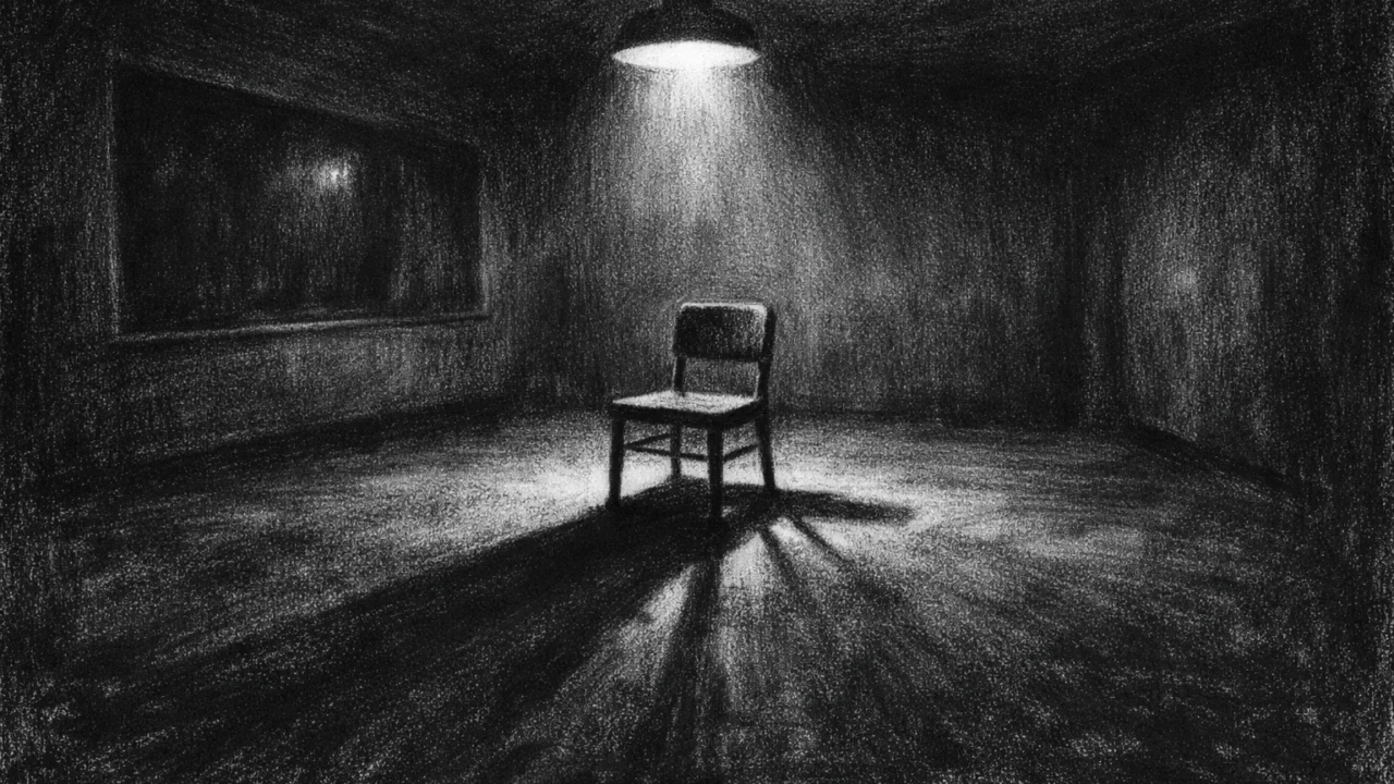 Prazna prostorija s jednom stolicom pod jakim svjetlom, dugačke sjene i tjeskobna atmosfera, charcoal film noir stil.