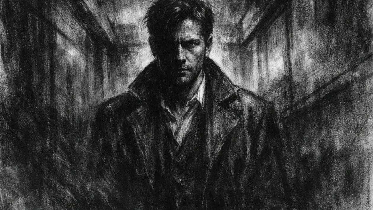 Hero kadar s usamljenom figurom u mračnom interijeru, naglašene sjene i napet izraz lica, charcoal film noir stil.