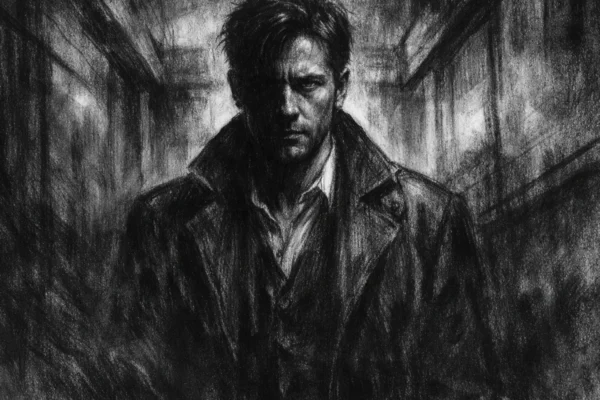 Hero kadar s usamljenom figurom u mračnom interijeru, naglašene sjene i napet izraz lica, charcoal film noir stil.