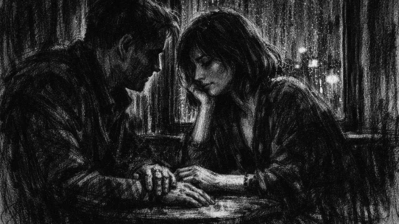 Intimni kadar u charcoal film noir stilu, crno-bijeli prikaz dvoje ljudi u tihom razgovoru, s naglašenim sjenama i melankoličnom atmosferom koja prenosi emocije i povezanost.