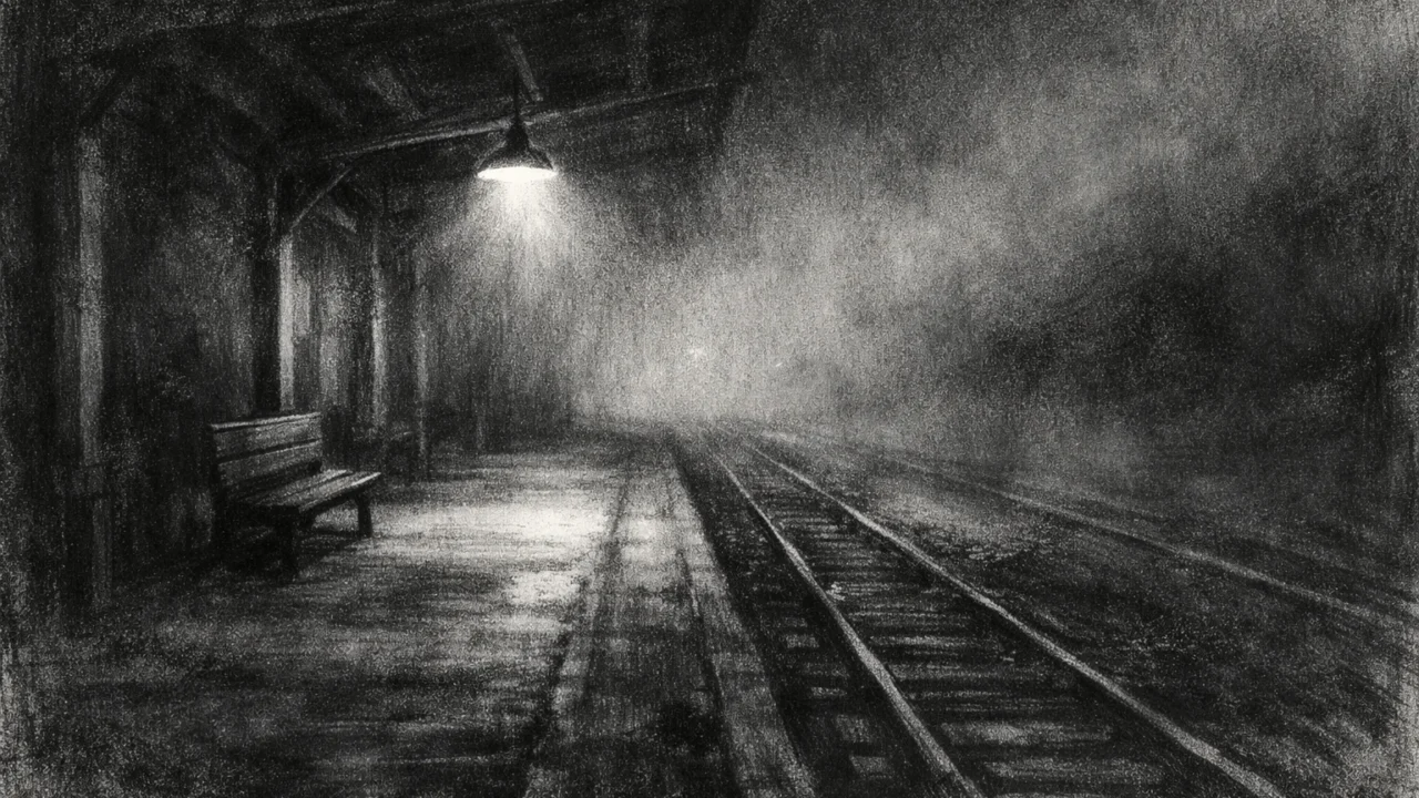 Atmosferski pejzaž u charcoal film noir stilu, crno-bijela scena praznog perona s dubokim sjenama i dramatičnim svjetlom, simbolizira putovanje, udaljenost i potragu za domom.