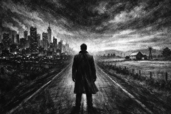 Cinematična scena u charcoal film noir stilu, crno-bijela kompozicija s dubokim sjenama i snažnim kontrastom, prikazuje usamljenu figuru između dva svijeta, naglašavajući osjećaj pripadnosti i sjećanja.
