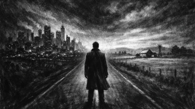 Cinematična scena u charcoal film noir stilu, crno-bijela kompozicija s dubokim sjenama i snažnim kontrastom, prikazuje usamljenu figuru između dva svijeta, naglašavajući osjećaj pripadnosti i sjećanja.