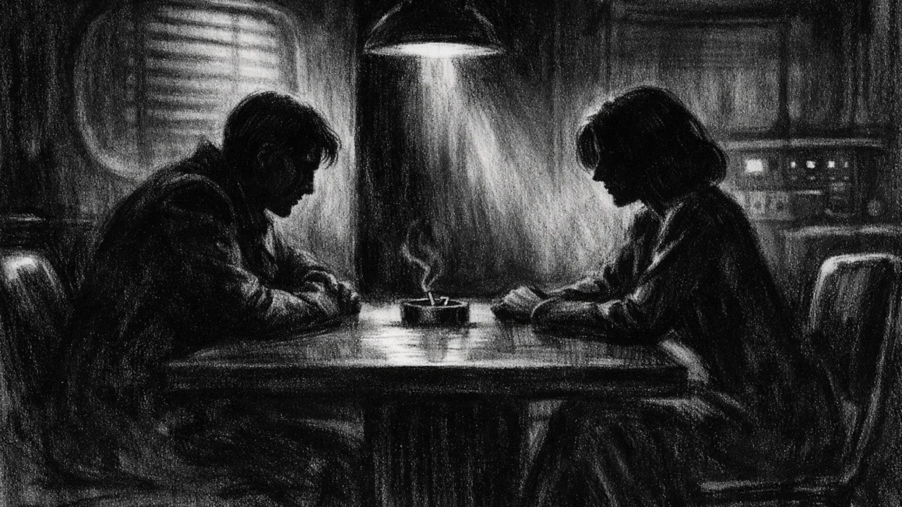 Dvoje ljudi u tihoj, napetoj konverzaciji u mračnom interijeru, izraženo u charcoal film noir stilu s jakim sjenama i melankoličnom atmosferom.