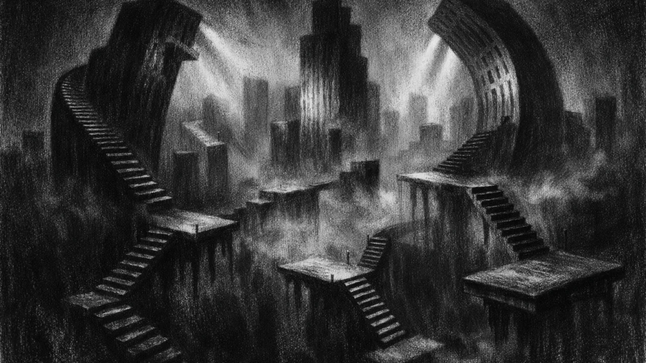 Nadrealni gradski pejzaž bez ljudi, beskrajne stepenice i magla, prikazano u charcoal film noir stilu s naglašenim kontrastom i tjeskobnim ugođajem.