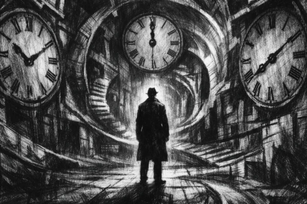 Filmski poster s usamljnom figurom u apstraktnoj dvorani vremena, prikazano u charcoal film noir stilu, crno-bijelo, snažni kontrasti i duboke sjene.