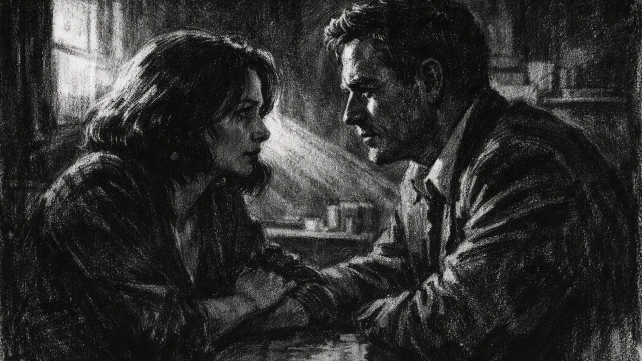 Intimna scena razgovora dvoje ljudi u zatvorenom prostoru, prikazana u charcoal film noir stilu, s jakim kontrastom i emotivnom napetošću.