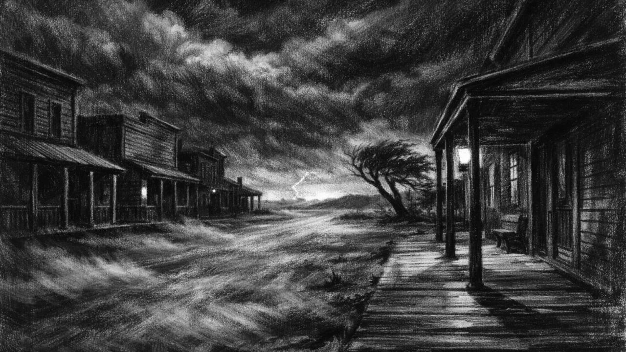 Atmosferski prizor prazne male gradske ulice u sumrak, izrađen u charcoal film noir stilu, crno-bijelo s dubokim sjenama i osjećajem izolacije.