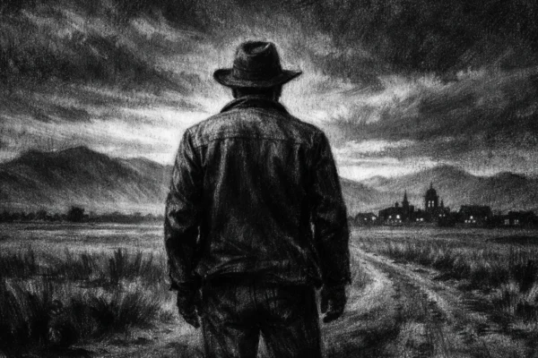 Hero kadar: usamljena figura u surovom krajoliku, izrađena u charcoal film noir stilu, crno-bijelo s dubokim sjenama i melankoličnom atmosferom.