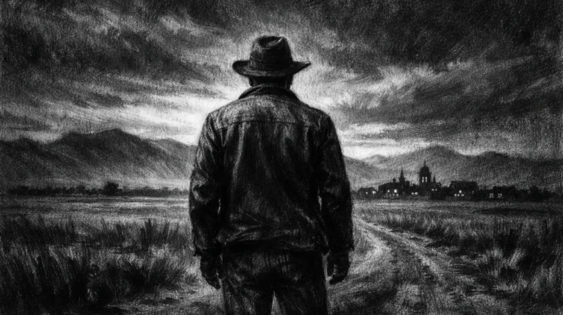Hero kadar: usamljena figura u surovom krajoliku, izrađena u charcoal film noir stilu, crno-bijelo s dubokim sjenama i melankoličnom atmosferom.