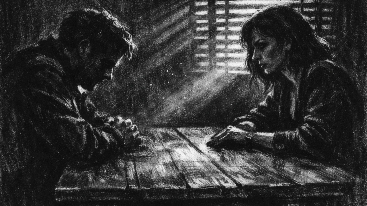 Intimna scena razgovora u mračnoj prostoriji, snažan emocionalni naboj i kontrast svjetla, charcoal film noir stil.