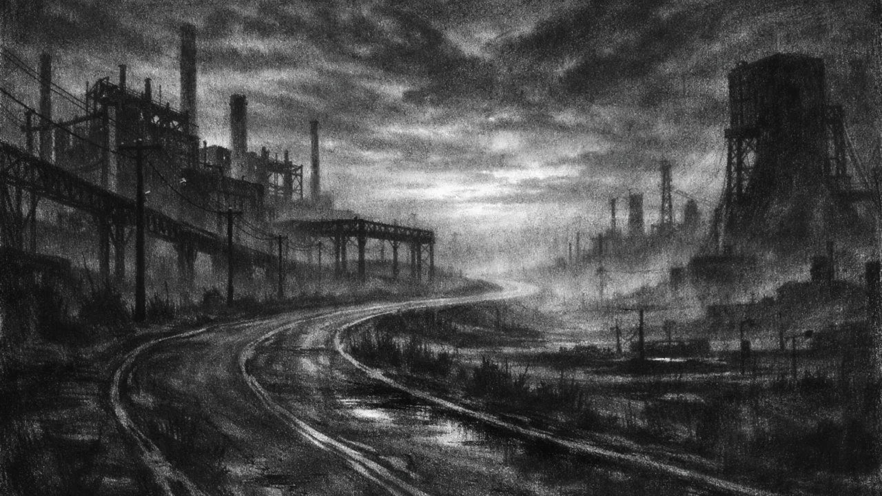 Pusti industrijski krajolik s cestom u magli, osjećaj zaustavljenog vremena i melankolije, charcoal film noir stil.