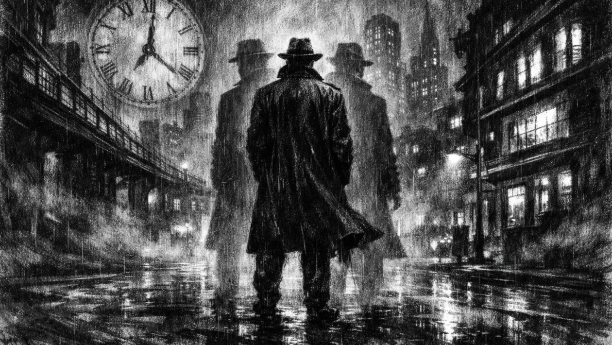 Filmski poster s usamljenom figurom u futurističnom gradu, snažne sjene i refleksije vremena, charcoal film noir stil.