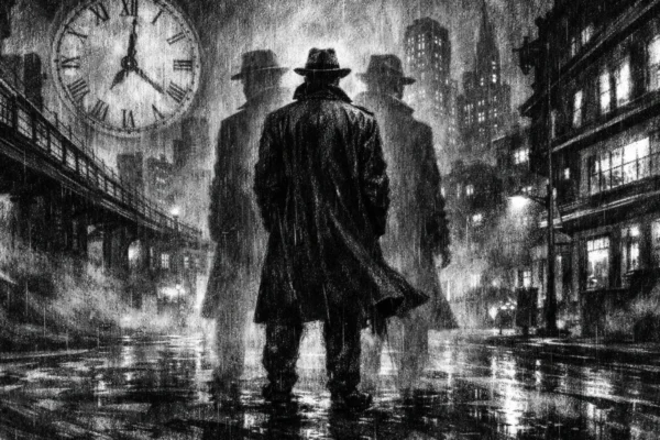 Filmski poster s usamljenom figurom u futurističnom gradu, snažne sjene i refleksije vremena, charcoal film noir stil.