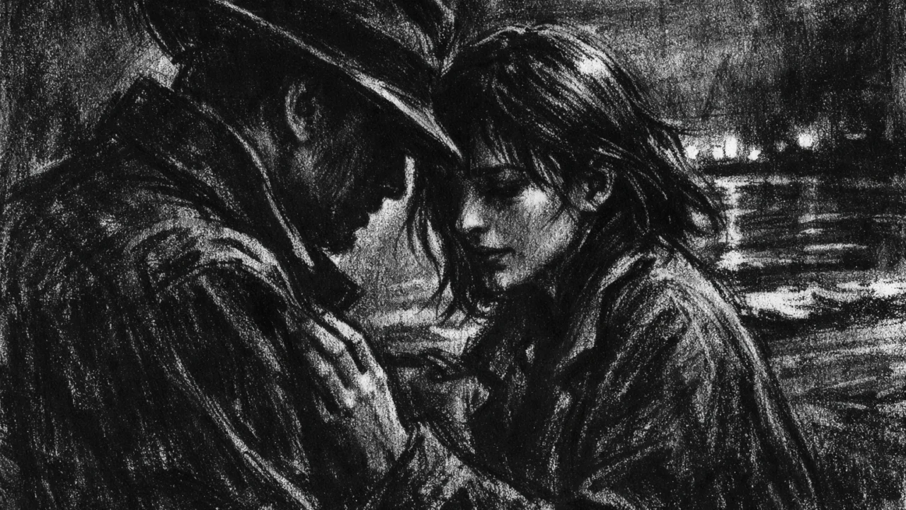 Dvoje ljudi u tihom razgovoru uz obalu noću, izražajne sjene i emocije u charcoal film noir stilu, osjećaj napetosti i introspekcije.
