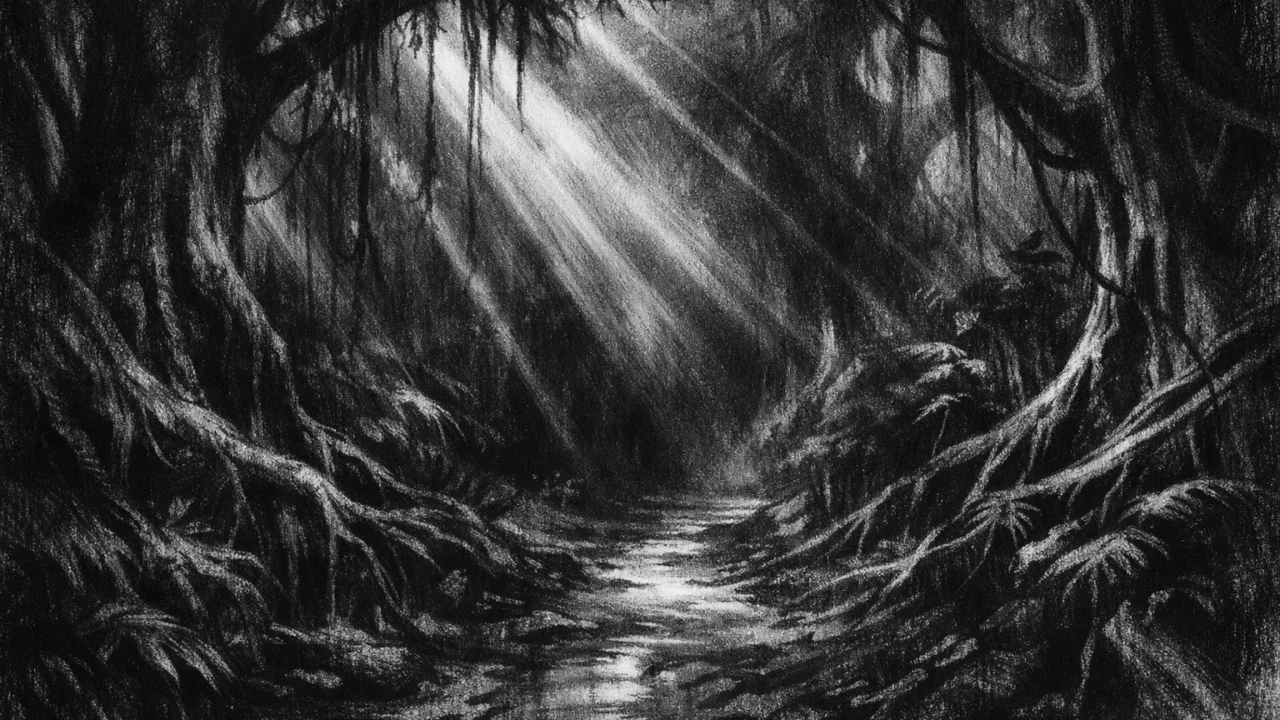 Mračna džungla s uskim snopovima svjetla i dubokim sjenama, simboličan krajolik u charcoal film noir stilu, snažan osjećaj tajne i nepoznatog.