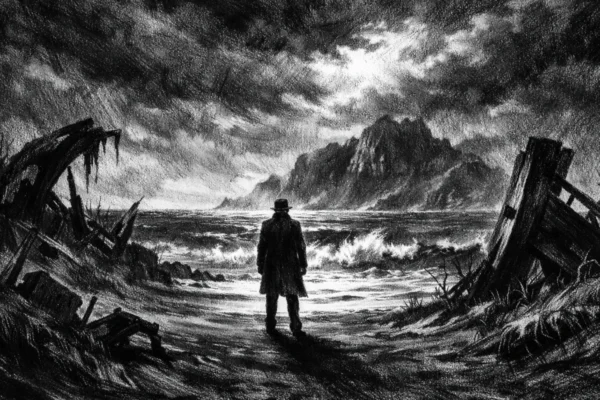 Filmski poster s osamljenim likom na mračnoj obali, snažan kontrast svjetla i sjene u charcoal film noir stilu, naglašena atmosfera misterije i izolacije.