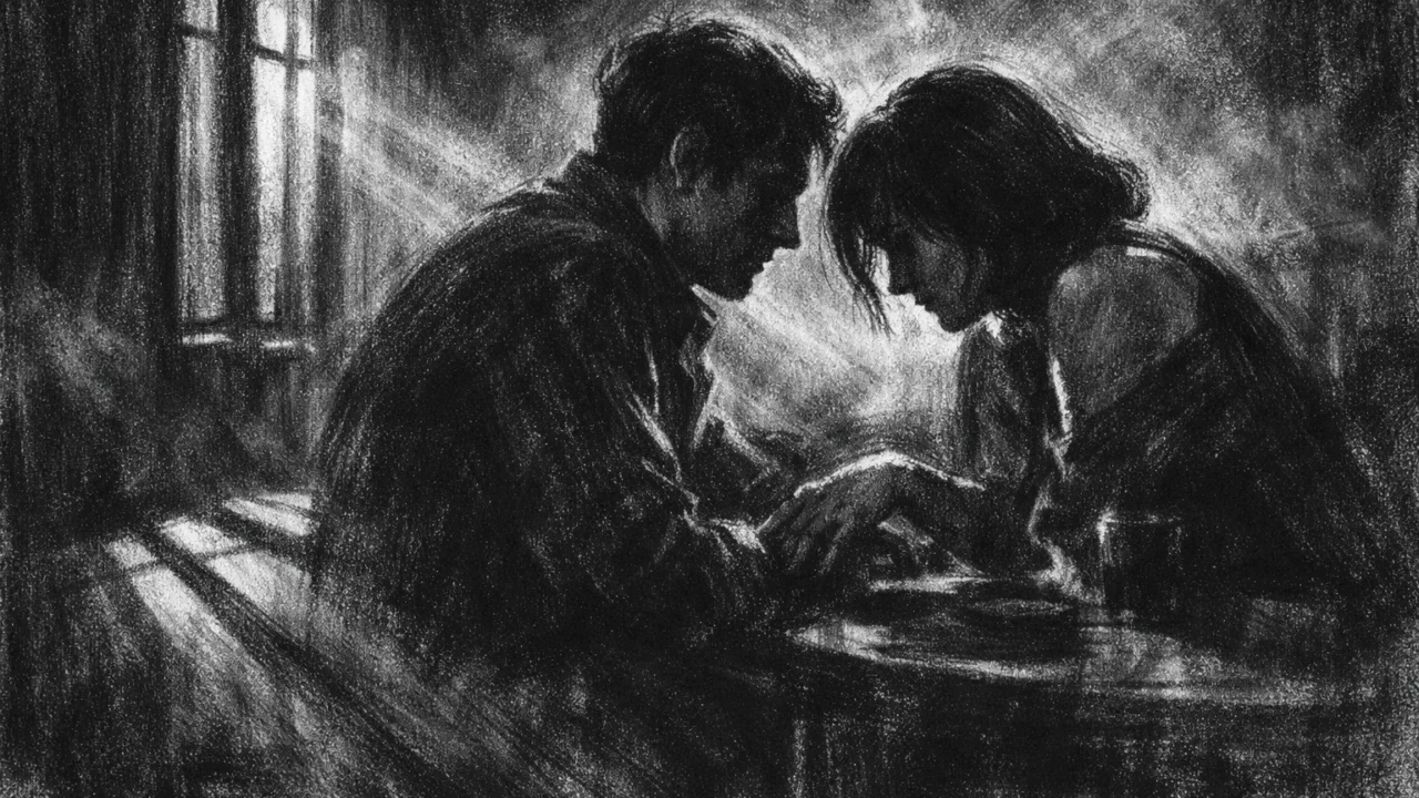 Intimna scena razgovora dvoje ljudi u charcoal film noir stilu, crno-bijeli prikaz s naglašenim sjenama, tihim emocijama i introspektivnom atmosferom.