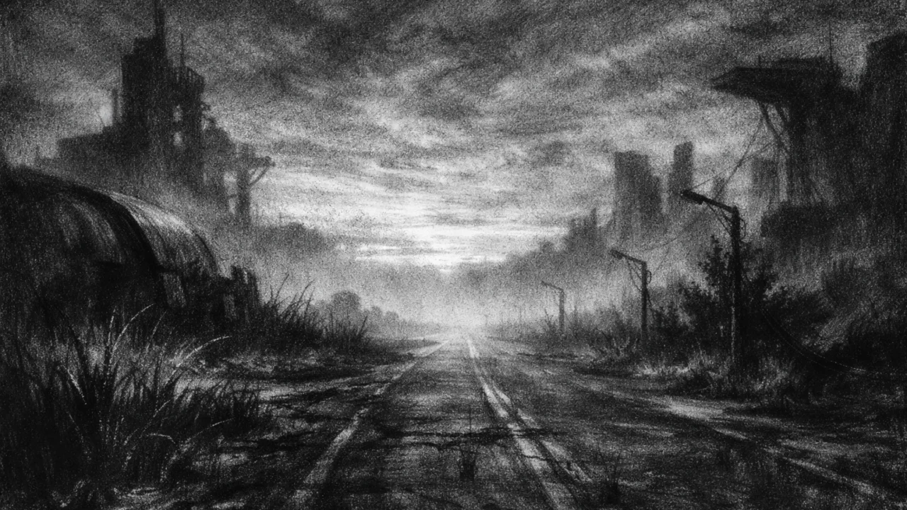 Atmosferski futuristički pejzaž u charcoal film noir stilu, crno-bijela scena tišine, magle i simbolike prolaznosti vremena.