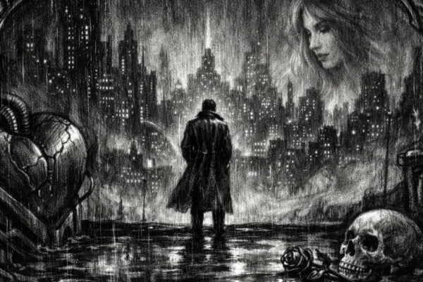 Kinematografski plakat u charcoal film noir stilu, usamljena figura ispred futurističkog grada u crno-bijeloj atmosferi s dubokim sjenama i melankoličnim ugođajem.