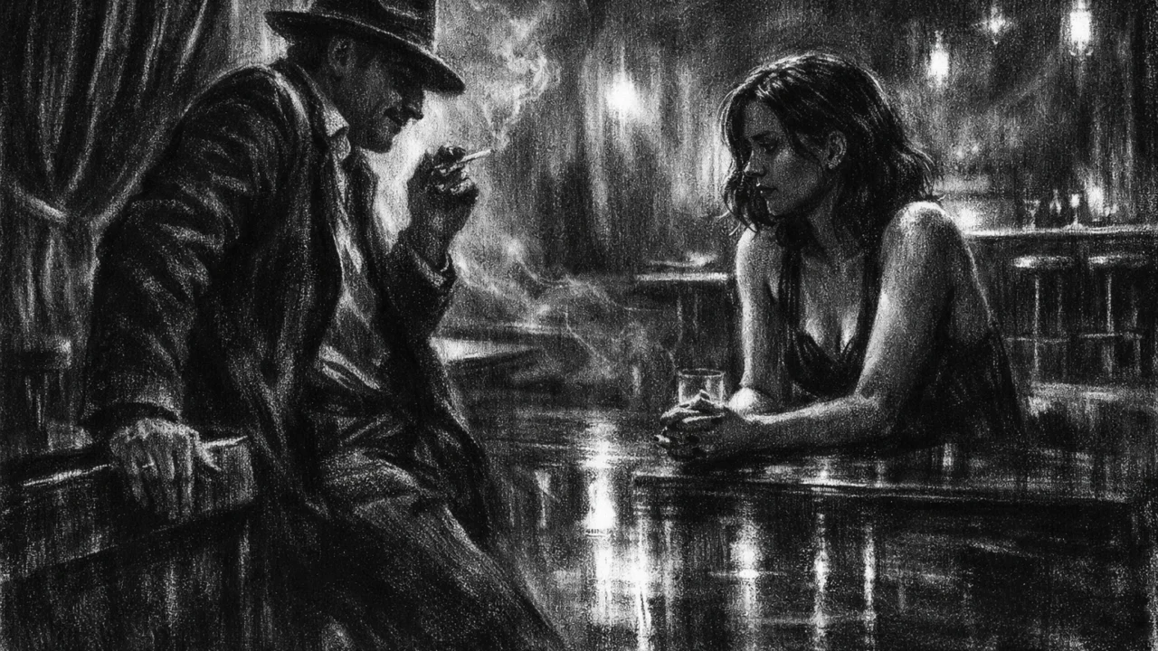 Intimna scena razgovora u noćnom klubu u charcoal film noir stilu, crno-bijela paleta, dramatično svjetlo i emotivna napetost.