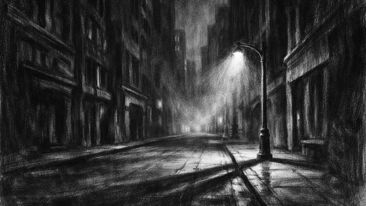 Prazna gradska ulica noću u charcoal film noir stilu, snažne sjene, visoki kontrasti i simbolična, turobna atmosfera.